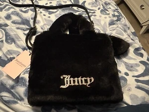 Juicy Couture Black Liqorice Fluffy Faux Fur Satchel with Bag Charm NWT - Picture 1 of 7