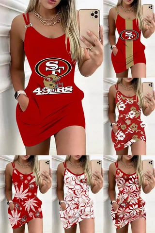 San Francisco 49ers Womens Bodycon Slip Dress Casual Deep Neck Beach Short Dress Cover