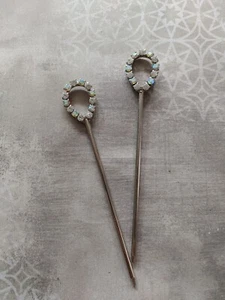 Vintage LOT qty 2 accessory hair stick silver metal AB rhinestone teardrop 5" - Picture 1 of 5