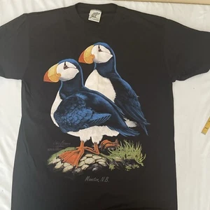 Vintage 90s Puffin Pair BARA-QU-DA Size L Black Shirt - Picture 1 of 4