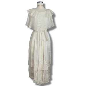 The Silk Farm Women’s Size 12 Vintage 70s 80s Chiffon Dress Ivory Tiered - Picture 1 of 11