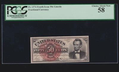 US 50c Lincoln Fractional Currency Note FR 1374 PCGS 58 Ch AU (030) - Image 1 of 2