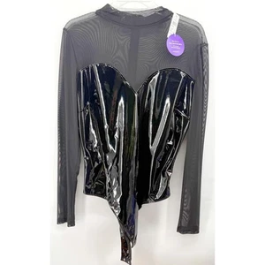 Windsor Bodysuit XL Black Faux Patent Leather Body Sheer Mesh Long Sleve Bustier - Picture 1 of 13