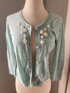 M Light Blue Blurred Stripe 3/4 Sleeve Button-up Cardigan Lightweight Sweater - Picture 1 of 14