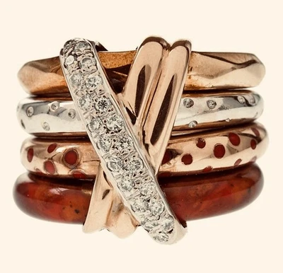 Anillo de Lujo La Nouvelle Bague Oro 18K Esmalte y Diamantes Cuatro Pilas Racimo Foto 1 de 4