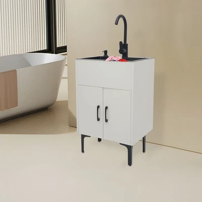 Pia utilitária com armário lavanderia banheira pia de aço inoxidável com torneira branca - Imagem 1 de 4