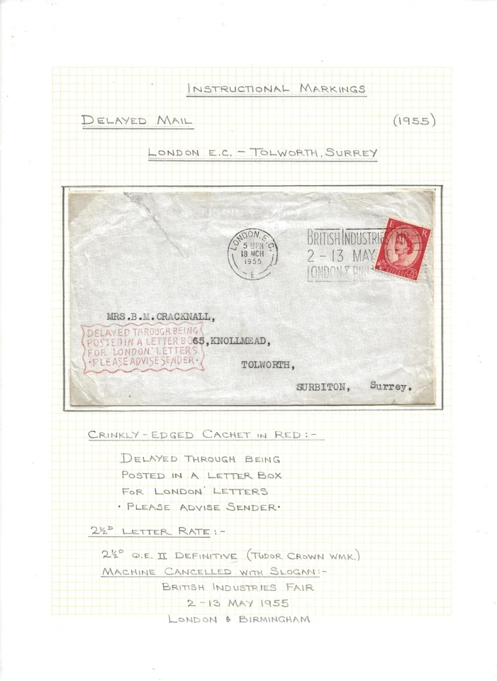 Marcas instructivas, correo retrasado, Londres a Tolworth, 1955 Foto 1 de 1