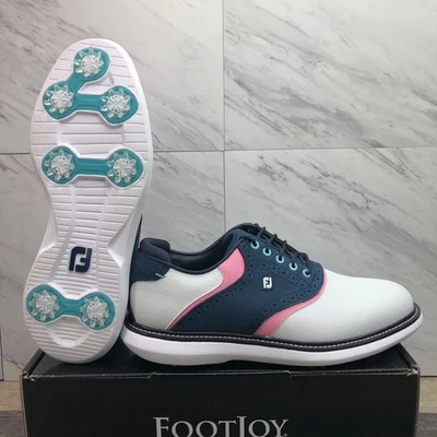 Zapatos de golf FootJoy Traditions para hombre talla 9 de EE. UU. blancos/azules/rosa 57959 nuevos en caja Foto 1 de 4