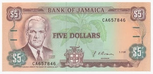 Jamaica 5 Dollars 1991 P-70d UNC - Picture 1 of 2