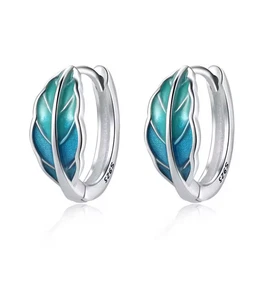 Blue feather leaf  sterling silver huggie hoops - Picture 1 of 1