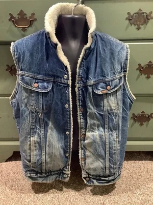 Sears Roebucks Sherpa-Lined Trucker Vest 80s XLarge distressed USA made vintage - Image 1 of 4
