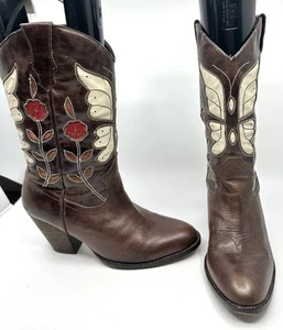 VTG Y2K Steve Madden Brown Leather Cowboy Boots Sz 8.5 Flowers Butterfly Boho - Picture 1 of 14