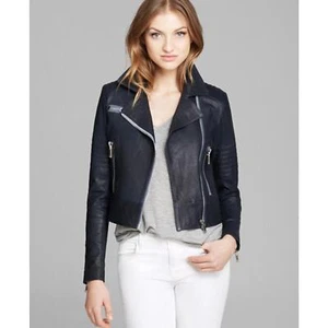 NWOT J Brand Ready-To-Wear 'Aiah' Leather Crop Jacket Navy Blue $1195 Size Small - Picture 1 of 10