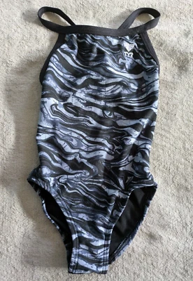TYR One Piece Swimsuit Girls Youth 24 Black Grey Gray Swim Suit - Image 1 of 4