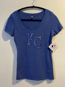 Kansas City Royals WOMEN Light Blue Sequin Burnout V-Neck T-Shirt KC - Picture 1 of 4
