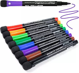 Fine Tip Dry Erase Markers 8 Pack, Magnetic White Board Pens with Eraser, Skinny - Picture 1 of 7