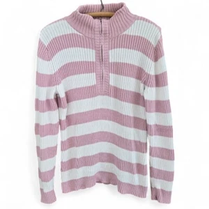 Liz Claiborne Womens Large Ribbed Cotton Sweater Pink & White Striped Long Sleev - Picture 1 of 9