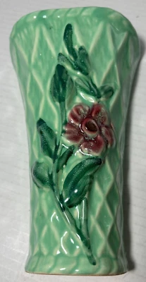 Shawnee Pottery Wall Pocket Vase Green Ceramic Pink Flower 7.5" - Image 1 of 4