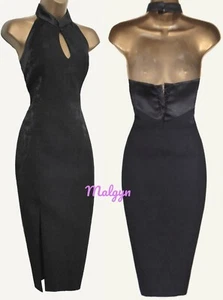 KAREN MILLEN ✩ CLASSIC BLACK JACQUARD HALTER CORSET PENCIL WIGGLE DRESS ✩ UK 10 - Picture 1 of 6