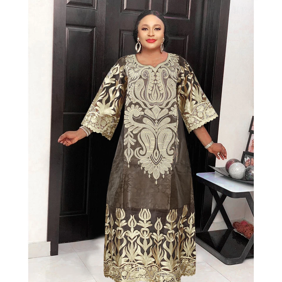 Dashiki Dresses for Women Traditional Clothing With Scarf African Bazin Robe - Image 1 of 4