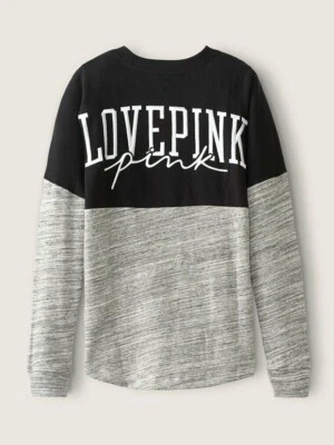 L NIP VICTORIA SECRET PINK Black Grey Varsity Crew Pullover Sweatshirt NEW - Image 1 of 4