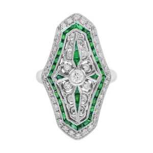 18K White Gold Genuine Diamond Emerald Art Deco Style Dinner Ring - Picture 1 of 11