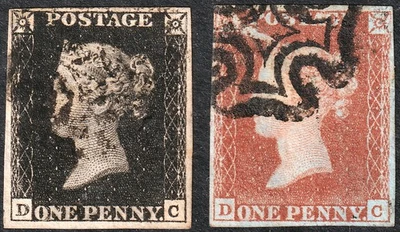 1840 AS57/59 VARIETIES SG2 1d BLACK SG7 1d RED PLATE 9 MATCHED PAIR FINE USED DC - Image 1 of 2