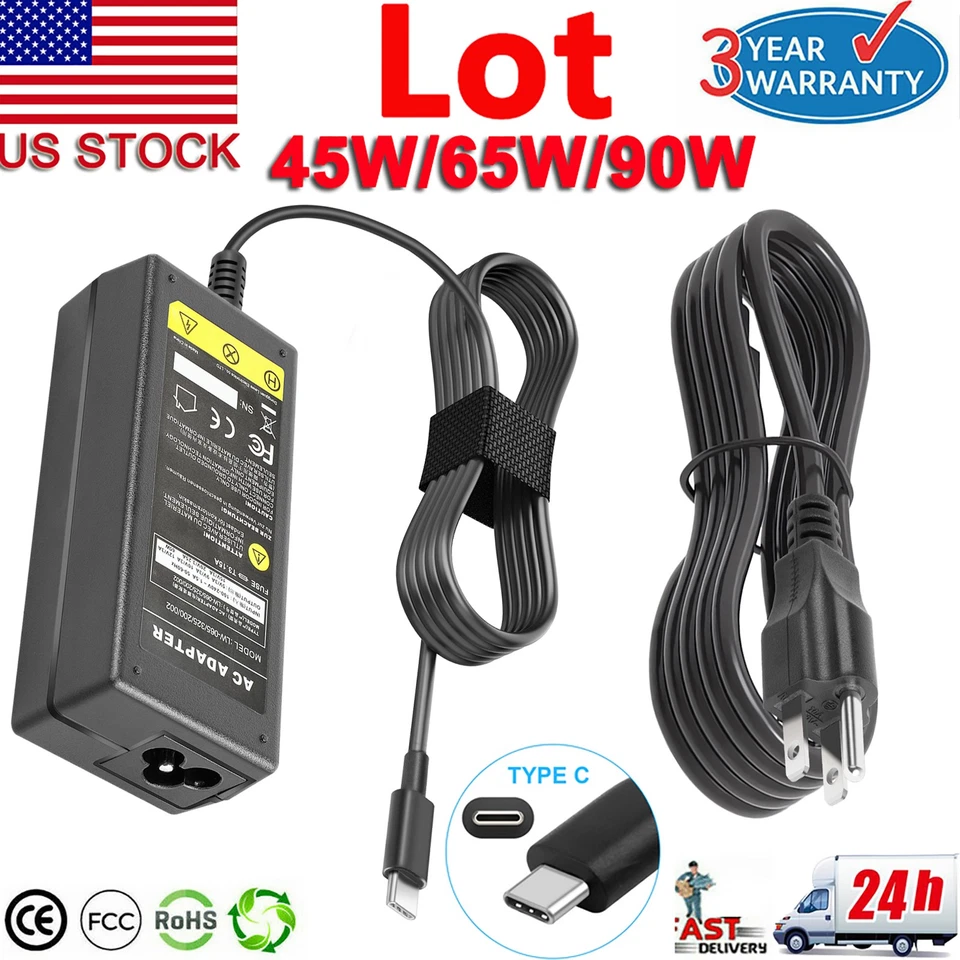 Lot USB C Type C for HP Chromebook Lenovo Acer Asus Samsung Power Laptop Charger - Image 1 of 4