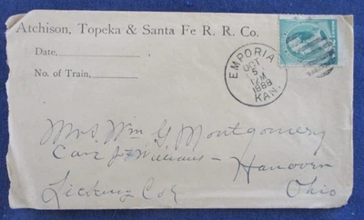 Cubierta Emporia Kansas 1888 cancelación AT&SF RR Santa Fe RR Foto 1 de 2
