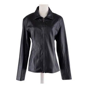 Quiet Luxury Towne by London Fog Leather Jacket Women M Black Zip Front Moto - Picture 1 of 12