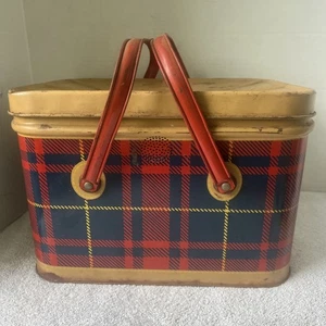 Vintage Nesco Tin Metal Plaid Picnic Basket With Hinged Lid. Needs TLC 1950s - Picture 1 of 12