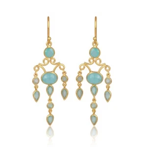 Wedding & Trendy Aqua Chalcedony Round & Pear Drop Stone Charm Earring For Gift - Picture 1 of 5