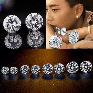 925 STERLING SILVER EARRINGS EAR STUD CUBIC ZIRCONIA ROUND SQUARE CLEAR STONE CZ - Picture 1 of 9