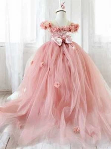 Blush Pink Flower Girl Dress Long Tulle Length Baby Girl Wedding with Train - Picture 1 of 6
