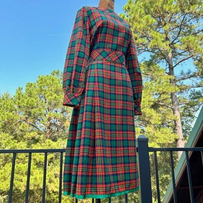 Vintage 60s Wool Tartan Plaid Asymmetric Pleat Balloon Sleeve Mod Midi Dress - Image 1 of 4