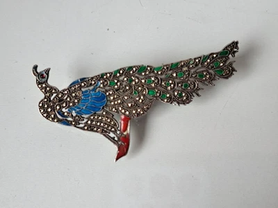 Bella, vecchio Spilla Pavone, 925 Argento Con Marcasite -steinen, Tw. Smaltato - Immagine 1 di 4