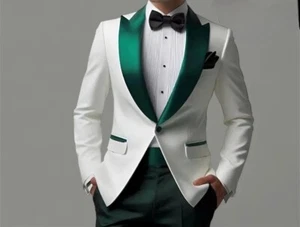 Men’s 2-Piece Suit White Tuxedo Jacket with Black Pants, Groom Wedding Outfit - Picture 1 of 4
