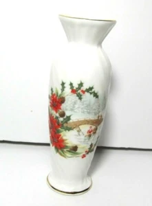 Enesco 1983 Bone China Bud Vase Poinsettia Ice Skaters           - Picture 1 of 2