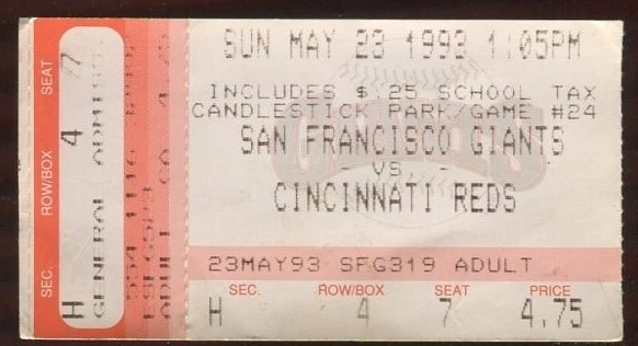 Ticket MLB San Francisco Giants 1993 5/23 Cincinnati Reds Barry Bonds HR 187 - Image 1 of 1