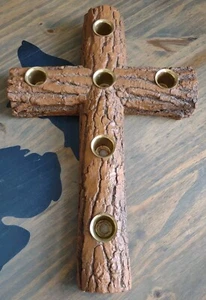 UNIQUE LOG CROSS CRUCIFIX BARK TABLE REALISTIC 6 CANDLE HOLDER 15" - Picture 1 of 5