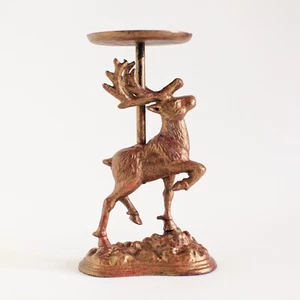Cast Iron DEER CANDLE HOLDER Candlestand 8" High ~ Reindeer Elk ~ ANTIQUED GOLD - Picture 1 of 7