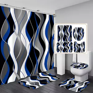 4 Pcs Blue Black Striped Shower Curtain Set with Rugs and Toilet Lid Cover - Picture 1 of 12
