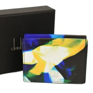 Dunhill schwarz blau gelb bedrucktes Leder dreifach faltbare Geldbörse Münzetui Italien Neu mit Etikett - Bild 1 von 4