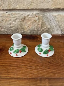 Vintage Lot Of  2 Holly Berries Candle Stick Holders 2 1/2” Tall Christmas Decor - Picture 1 of 15