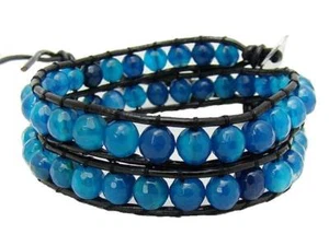 2 Envoltura Pulsera 6mm ÁGATA AZUL Cuentas de Piedra Cuero Pulsera Moda - Imagen 1 de 2