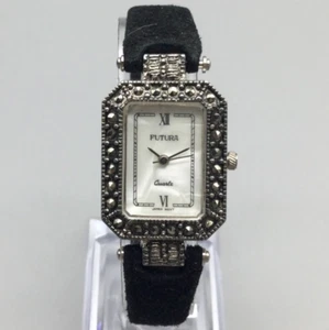 Vtg Futura Watch Women 22mm Silver Tone Marcasite MOP Leather Band New Battery - Picture 1 of 16