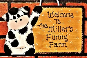 COW SIGN Personalized Name FUNNY FARM Wall Hanger Plaque Country Wood Crafts - Picture 1 of 1