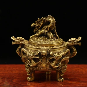 antique bronze carved tripod statue Lucky Incense Burners Handwork dragon Censer - Picture 1 of 6