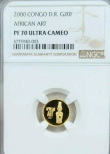 2000 CONGO GOLD 20 FRANCS G20F AFRICAN ART NGC PF 70 ULTRA CAMEO PERFECTION - Picture 1 of 3