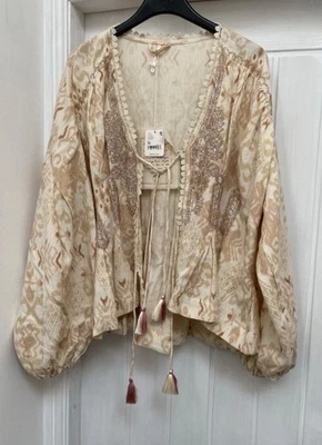 Free People Peach/Nude Tie Front Crochet Neck Trim Kimono Jacket M Size BNWT - Image 1 of 4